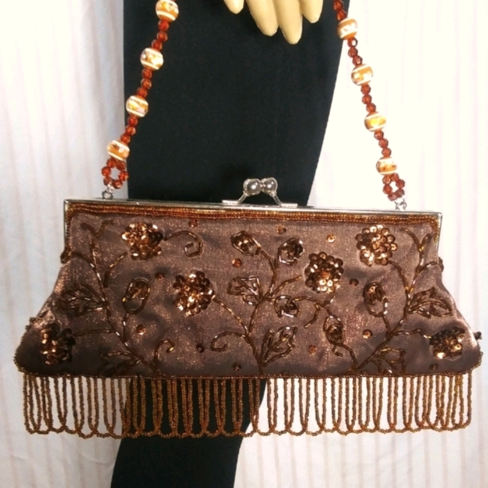 Embellished Brown Floral Beaded Fringe Mini Bag